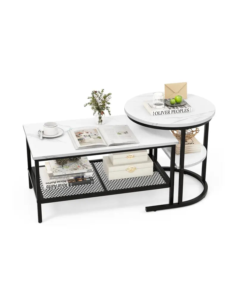 Set of 2 Nesting Coffee Table with Extra Storage Shelf for Living Room-Black - Black - Coffee Tables