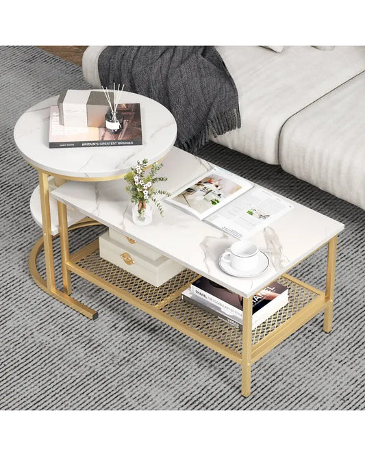 Set of 2 Nesting Coffee Table with Extra Storage Shelf for Living Room-Golden - Golden - Coffee Tables