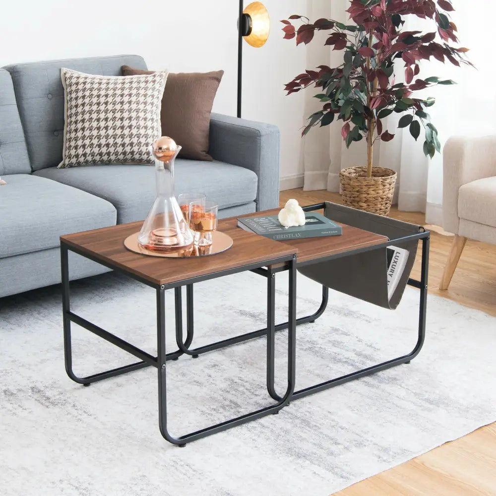 Set of 2 Nesting Coffee Tables with Side Pocket for Living Room Bedroom-Rustic Brown - Rustic Brown - Coffee Tables