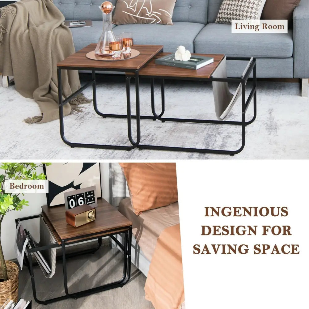Set of 2 Nesting Coffee Tables with Side Pocket for Living Room Bedroom-Rustic Brown - Rustic Brown - Coffee Tables