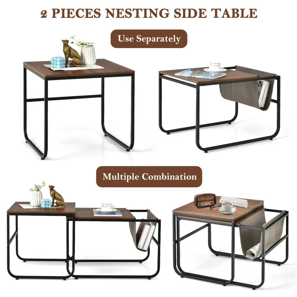 Set of 2 Nesting Coffee Tables with Side Pocket for Living Room Bedroom-Rustic Brown - Rustic Brown - Coffee Tables