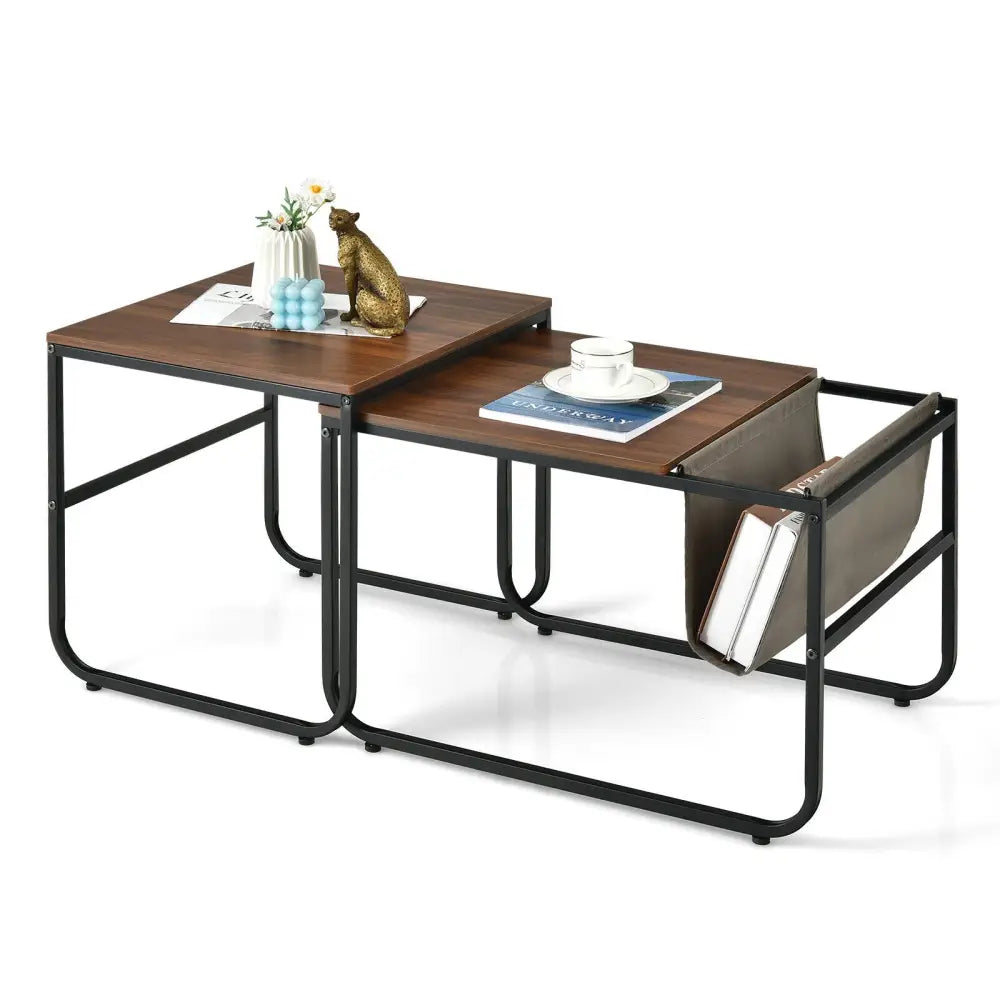 Set of 2 Nesting Coffee Tables with Side Pocket for Living Room Bedroom-Rustic Brown - Rustic Brown - Coffee Tables