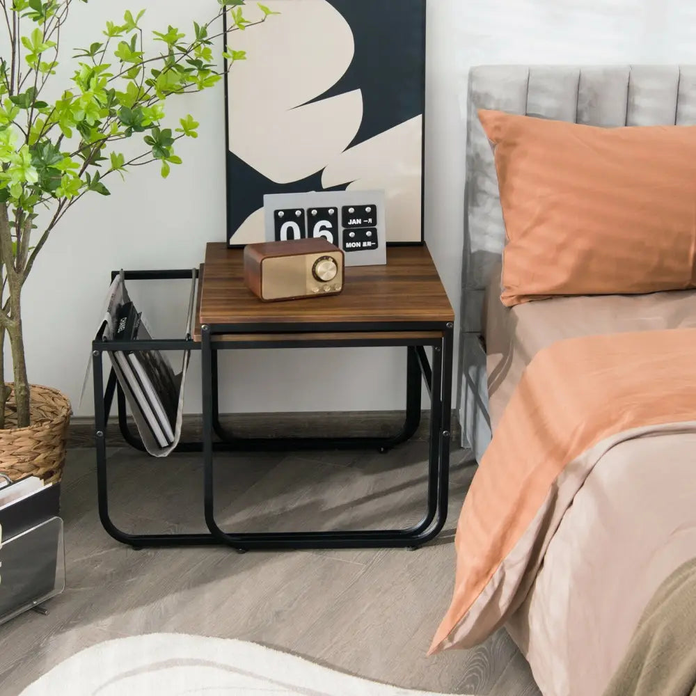 Set of 2 Nesting Coffee Tables with Side Pocket for Living Room Bedroom-Rustic Brown - Rustic Brown - Coffee Tables