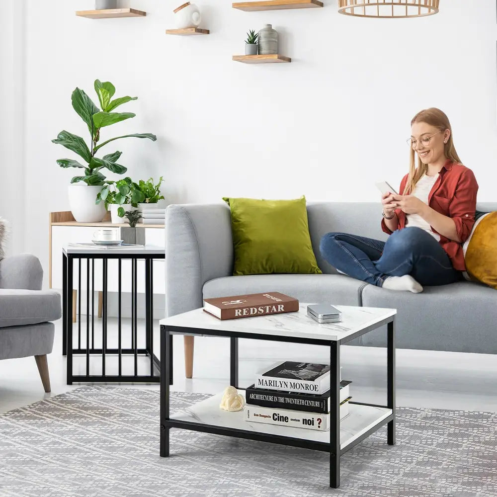 Set of 2 Nesting End Tables with Storage Shelf-White - White - Coffee Tables