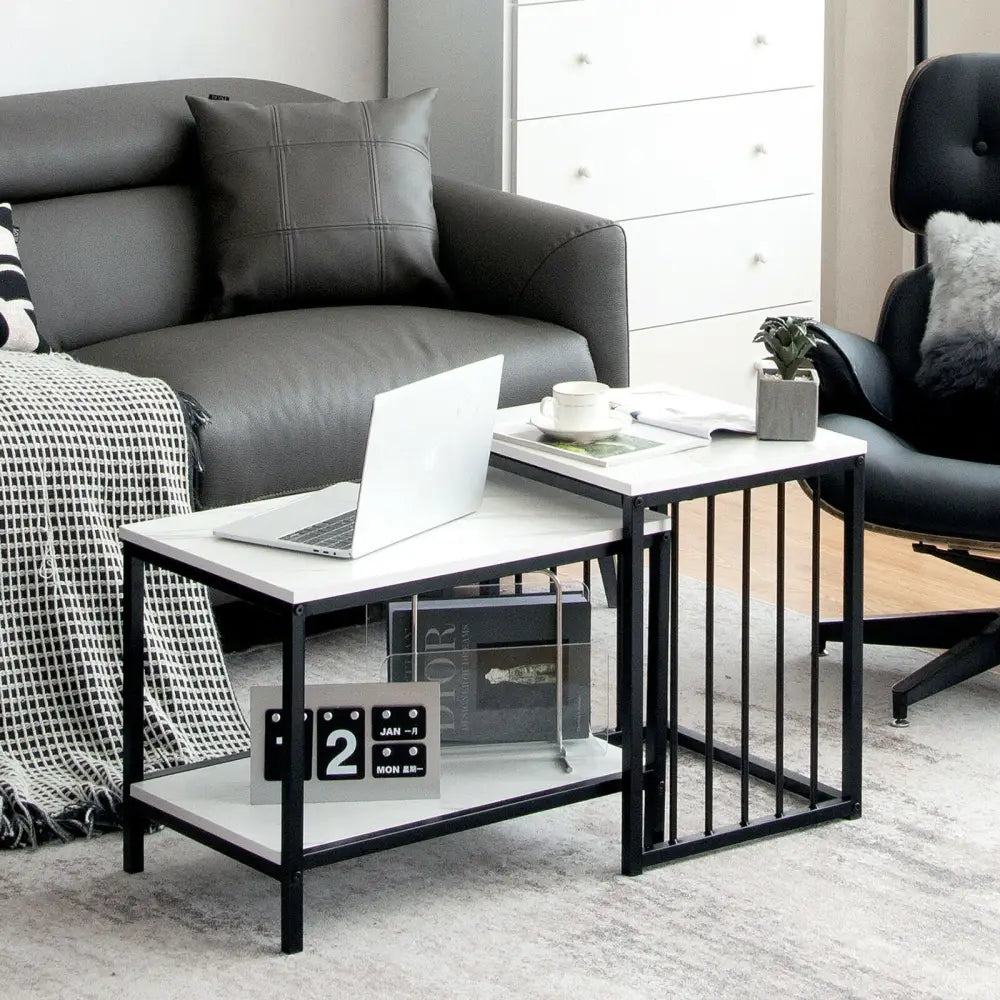 Set of 2 Nesting End Tables with Storage Shelf-White - White - Coffee Tables