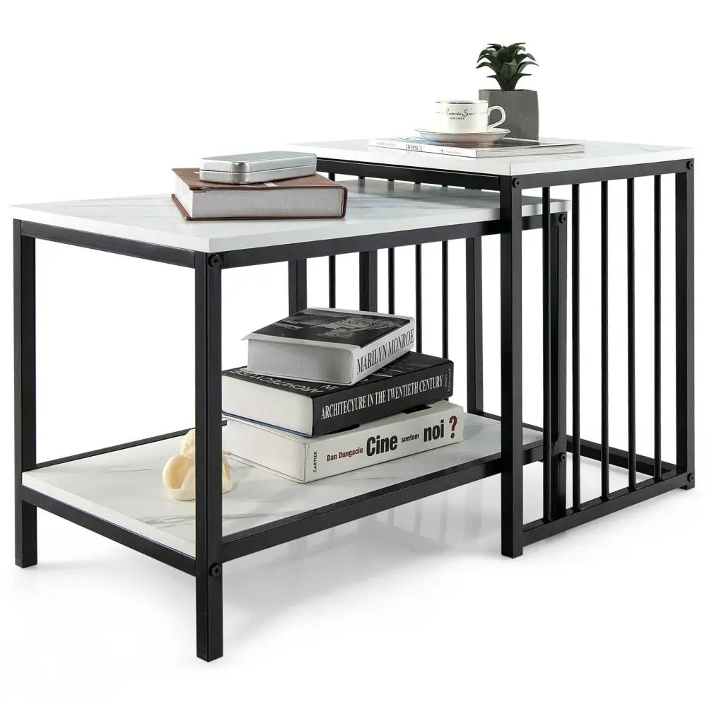 Set of 2 Nesting End Tables with Storage Shelf-White - White - Coffee Tables
