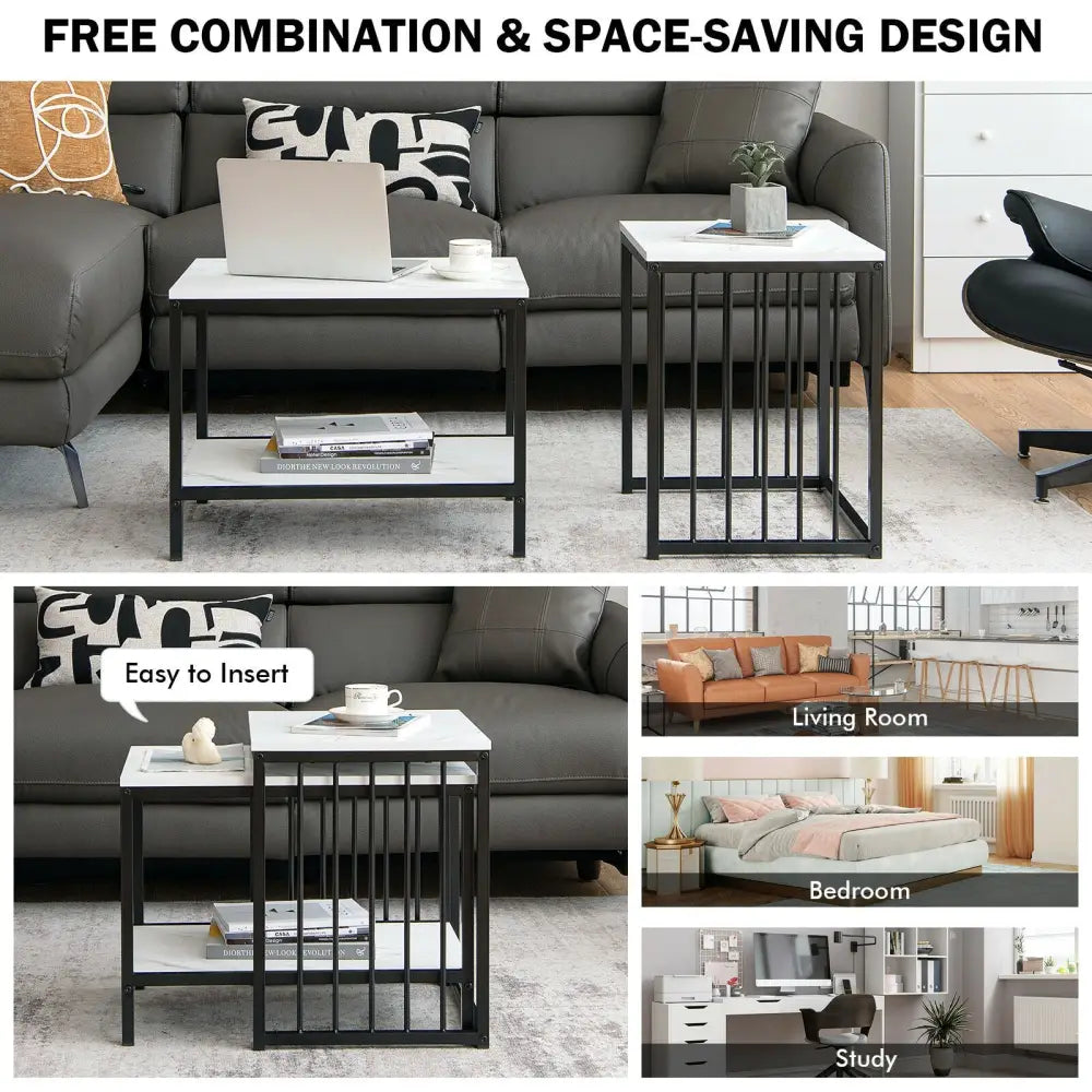 Set of 2 Nesting End Tables with Storage Shelf-White - White - Coffee Tables