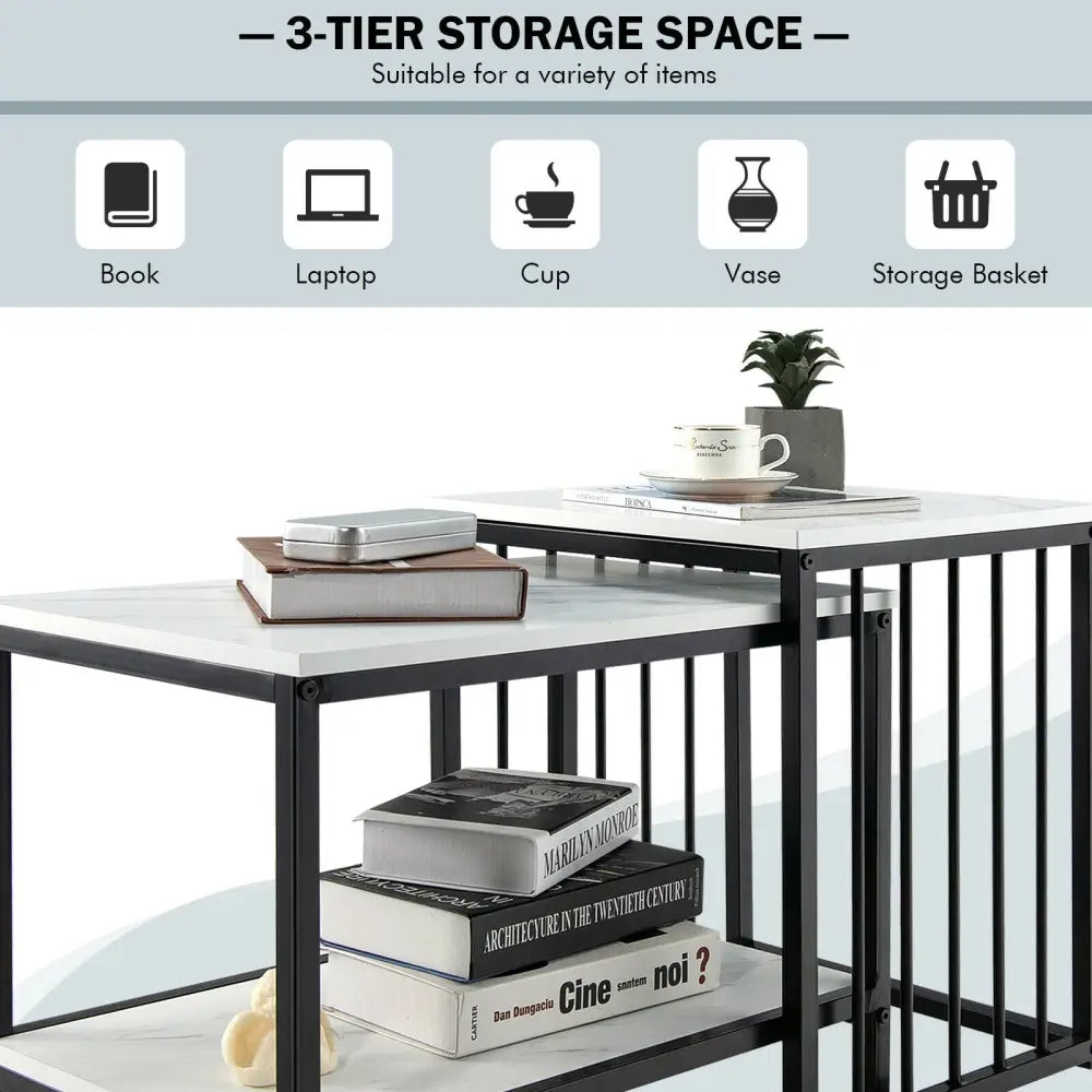 Set of 2 Nesting End Tables with Storage Shelf-White - White - Coffee Tables