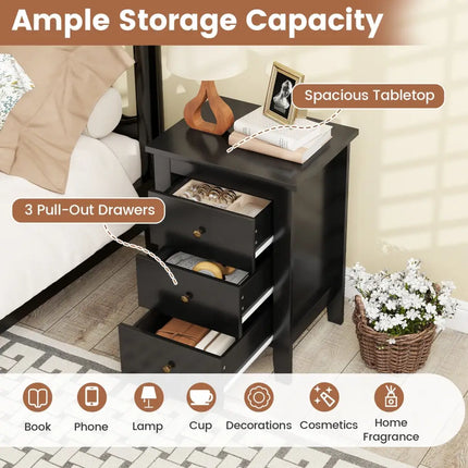 Set of 2 Nightstand End Beside Table Drawers-Black Costway