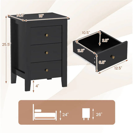 Set of 2 Nightstand End Beside Table Drawers-Black Costway
