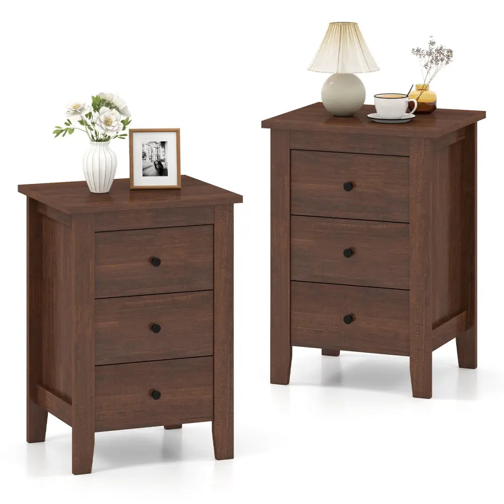 Set of 2 Nightstand End Beside Table Drawers-Walnut - Walnut - Bedroom