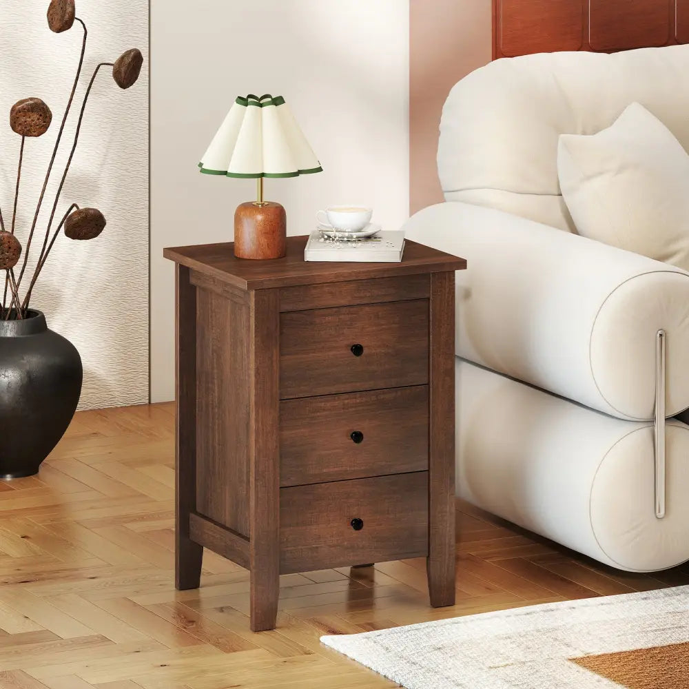 Set of 2 Nightstand End Beside Table Drawers-Walnut - Walnut - Bedroom