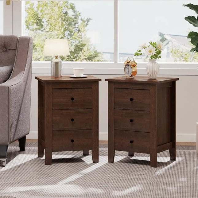 Set of 2 Nightstand End Beside Table Drawers-Walnut - Walnut - Bedroom