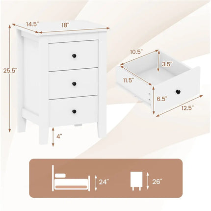 Set of 2 Nightstand End Beside Table Drawers-White Costway