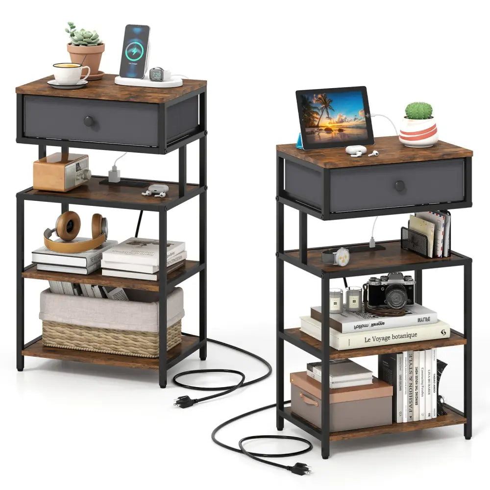 Set of 2 Nightstand with Charging Station 28 Inch Tall Bedside Table with Fabric Drawer-Rustic Brown - Rustic Brown