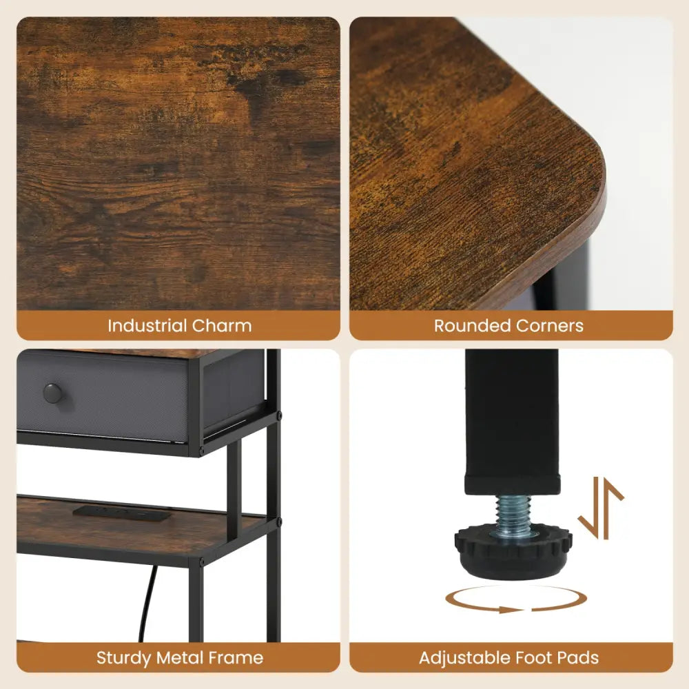 Set of 2 Nightstand with Charging Station 28 Inch Tall Bedside Table with Fabric Drawer-Rustic Brown - Rustic Brown