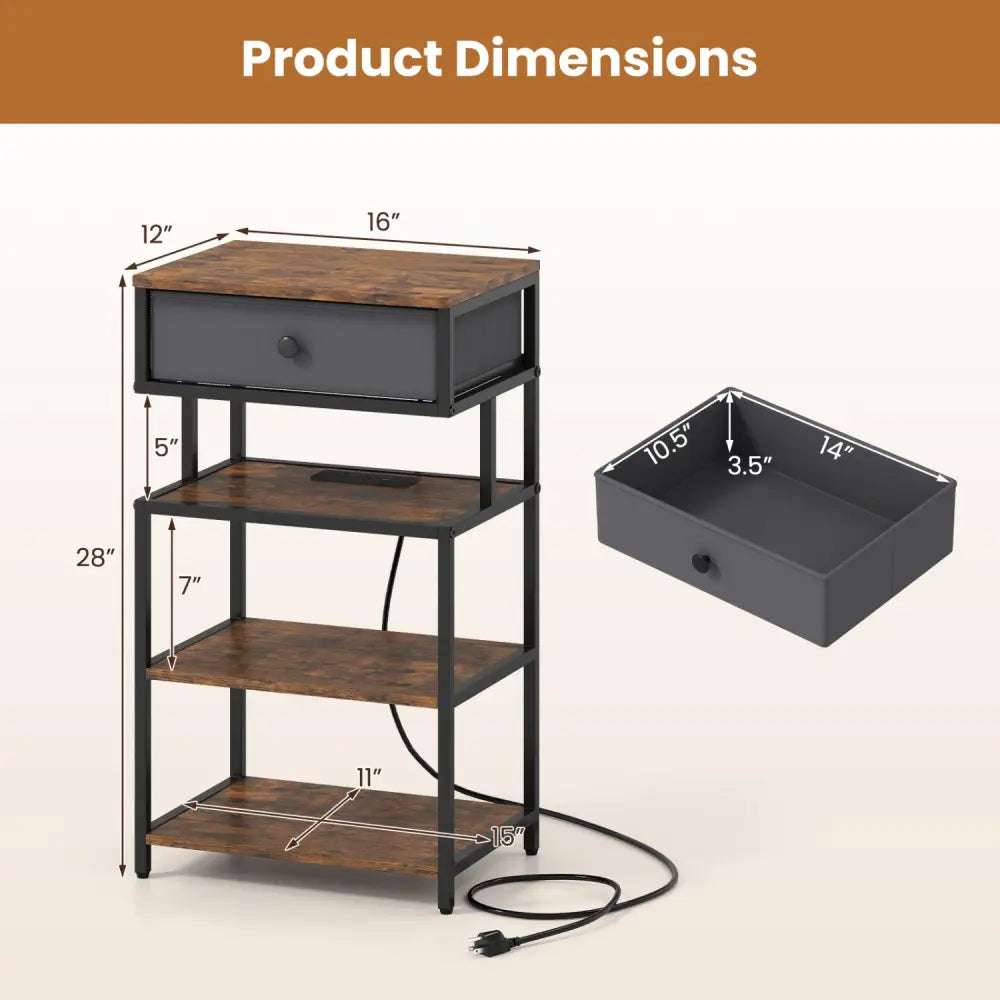 Set of 2 Nightstand with Charging Station 28 Inch Tall Bedside Table with Fabric Drawer-Rustic Brown - Rustic Brown