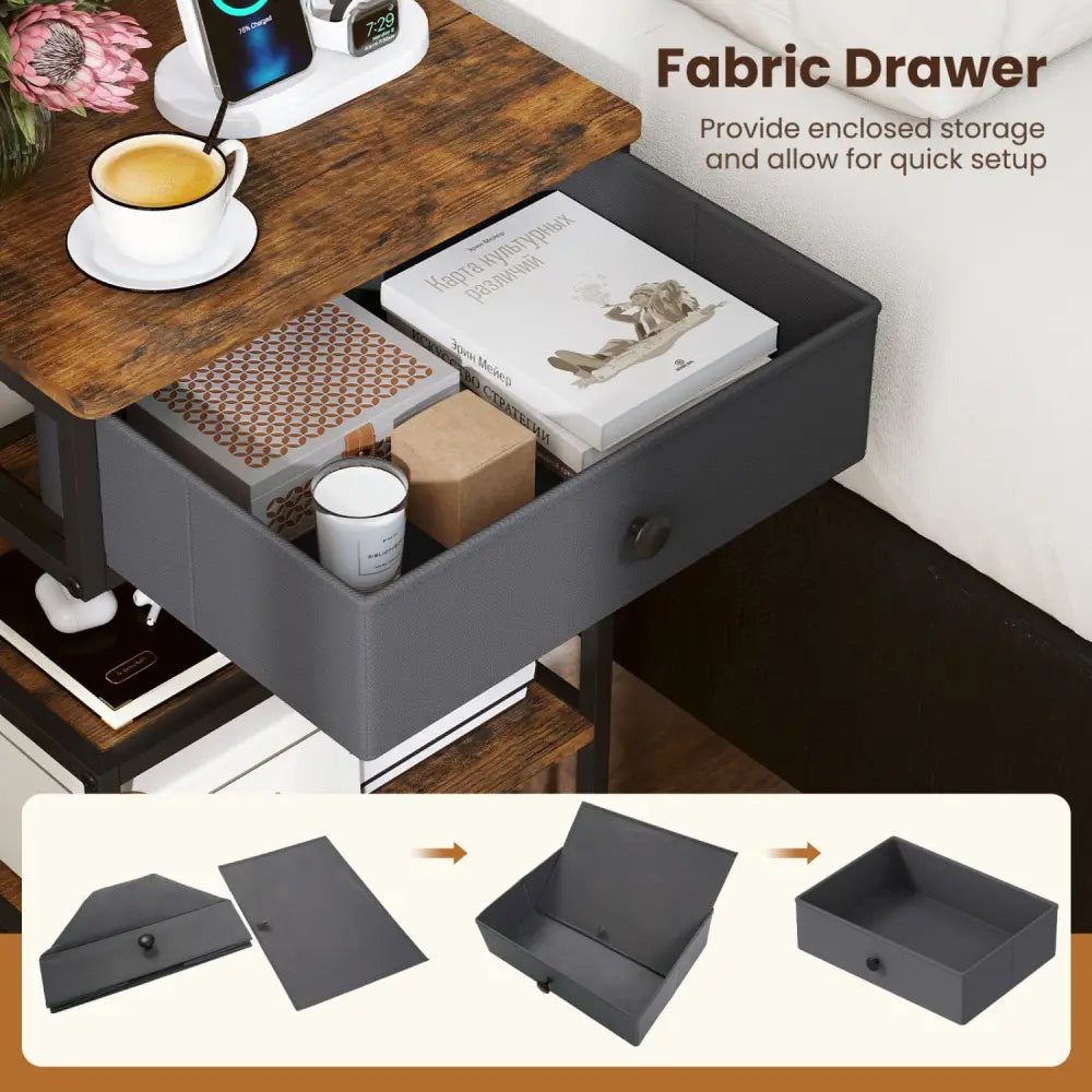 Set of 2 Nightstand with Charging Station 28 Inch Tall Bedside Table with Fabric Drawer-Rustic Brown - Rustic Brown