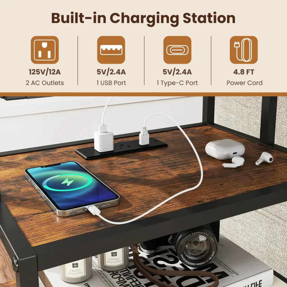 Set of 2 Nightstand with Charging Station 28 Inch Tall Bedside Table with Fabric Drawer-Rustic Brown - Rustic Brown