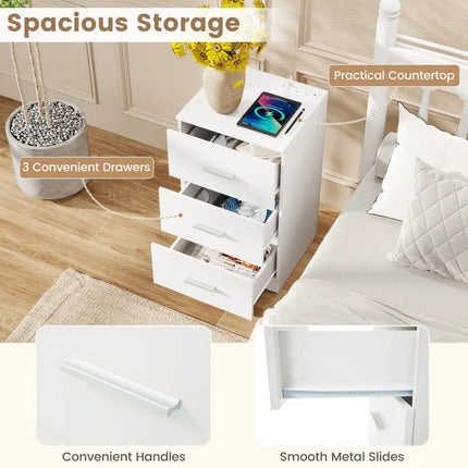Set of 2 Nightstand with Charging Station End Table with 3 Storage Drawers Bedside Table for Bedroom-White - White