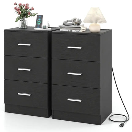Set of 2 Nightstand with Charging Station End Table with 3 Storage Drawers Bedside Table for Bedroom-Black - Black