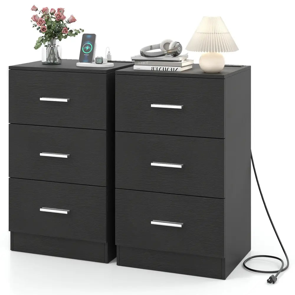 Set of 2 Nightstand with Charging Station End Table with 3 Storage Drawers Bedside Table for Bedroom-Black - Black