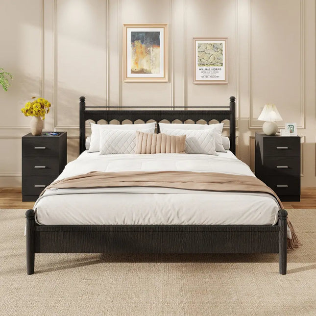 Set of 2 Nightstand with Charging Station End Table with 3 Storage Drawers Bedside Table for Bedroom-Black - Black