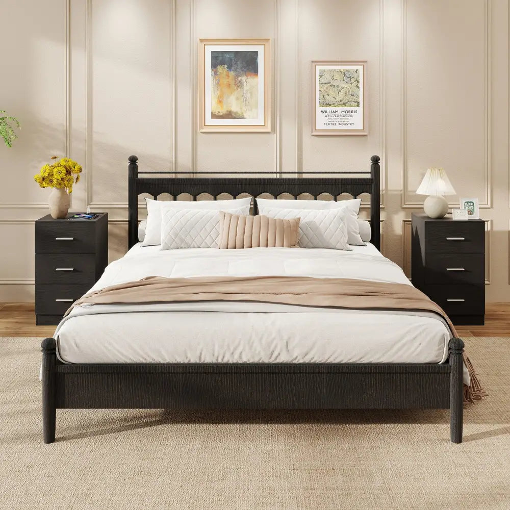 Set of 2 Nightstand with Charging Station End Table with 3 Storage Drawers Bedside Table for Bedroom-Black - Black