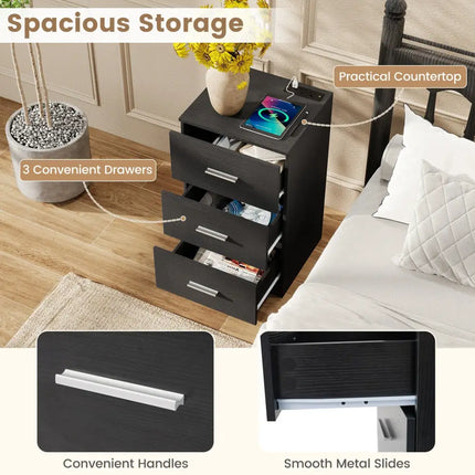 Set of 2 Nightstand with Charging Station End Table with 3 Storage Drawers Bedside Table for Bedroom-Black - Black