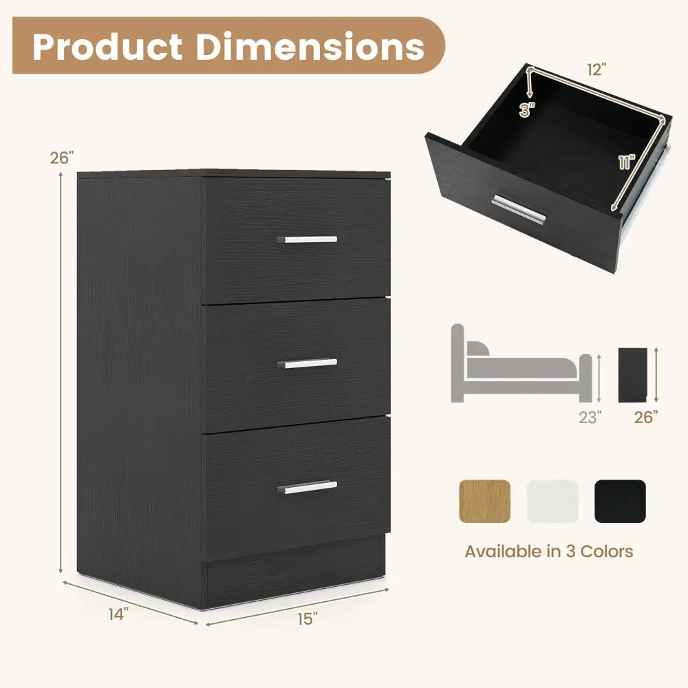 Set of 2 Nightstand with Charging Station End Table with 3 Storage Drawers Bedside Table for Bedroom-Black - Black
