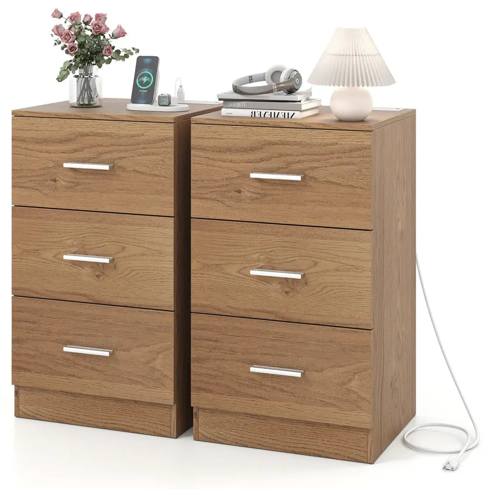Set of 2 Nightstand with Charging Station End Table with 3 Storage Drawers Bedside Table for Bedroom-Natural - Natural