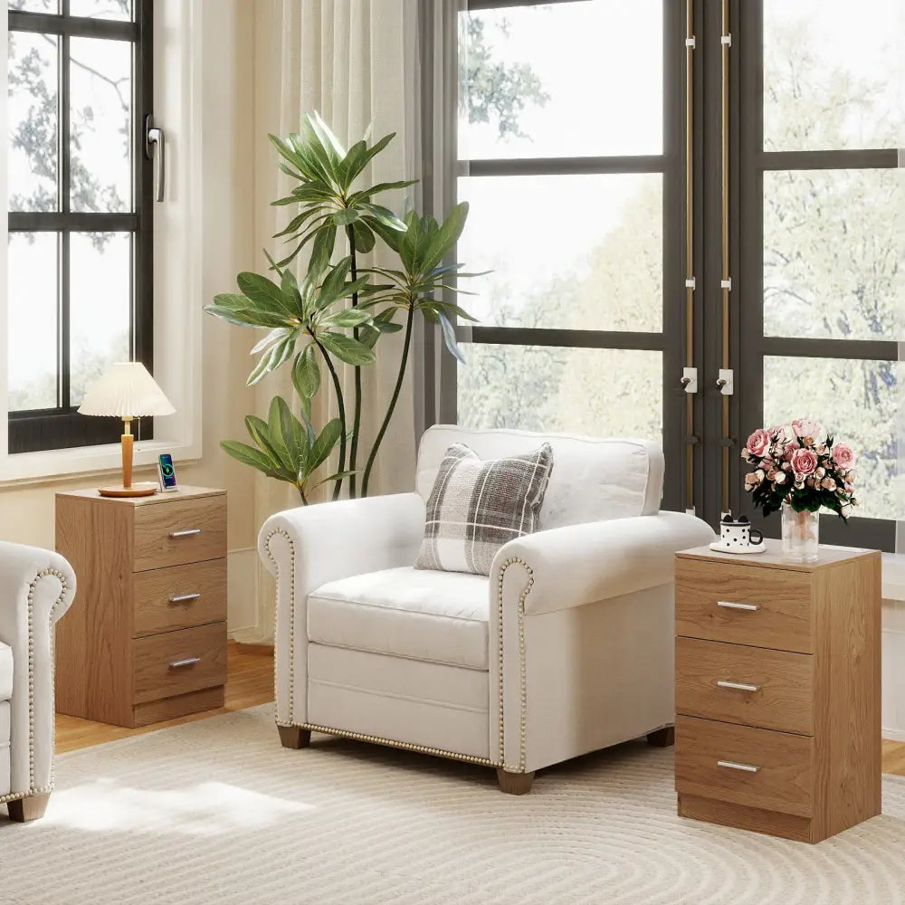 Set of 2 Nightstand with Charging Station End Table with 3 Storage Drawers Bedside Table for Bedroom-Natural - Natural