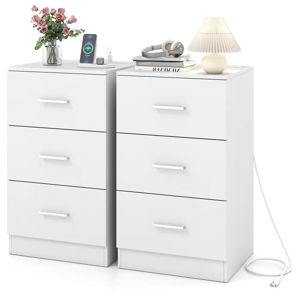 Set of 2 Nightstand with Charging Station End Table with 3 Storage Drawers Bedside Table for Bedroom-White - White