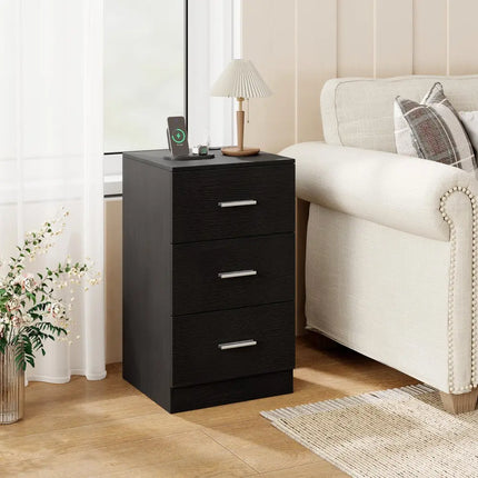 Set of 2 Nightstand with Charging Station End Table with 3 Storage Drawers Bedside Table for Bedroom-Black - Black