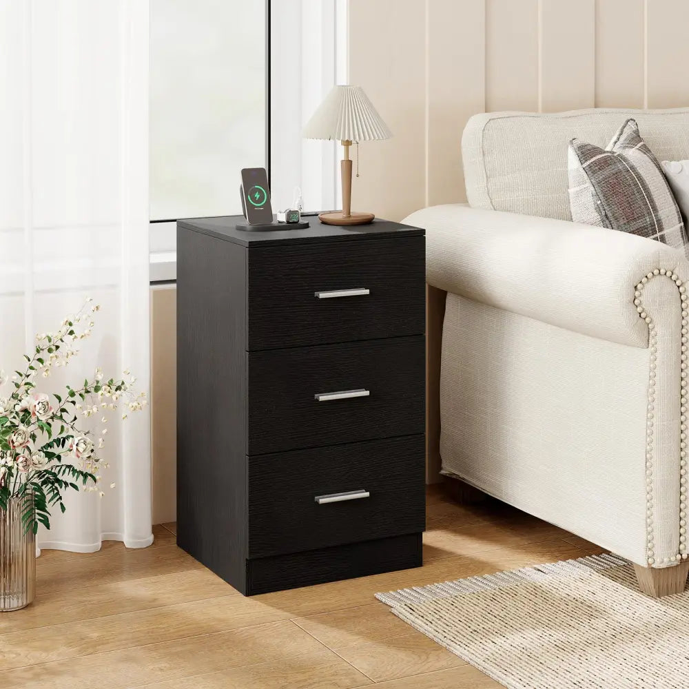 Set of 2 Nightstand with Charging Station End Table with 3 Storage Drawers Bedside Table for Bedroom-Black - Black