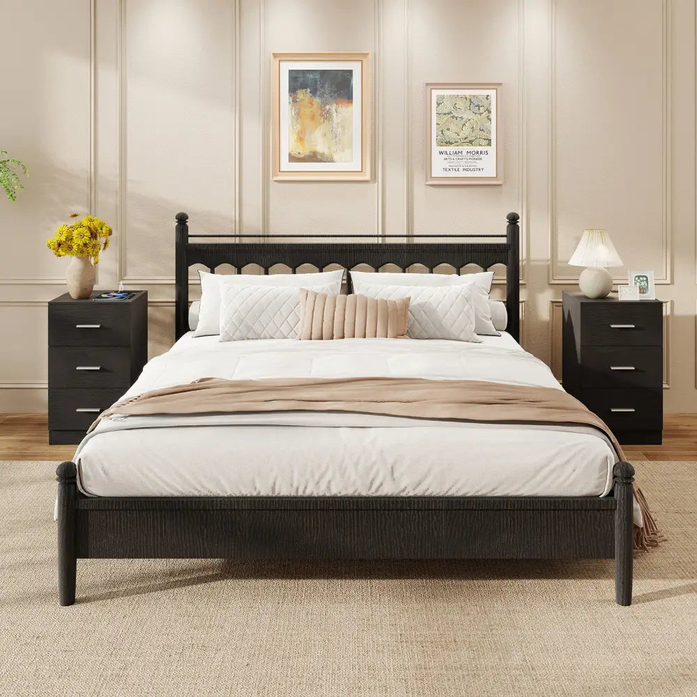 Set of 2 Nightstand with Charging Station End Table with 3 Storage Drawers Bedside Table for Bedroom-Black - Black