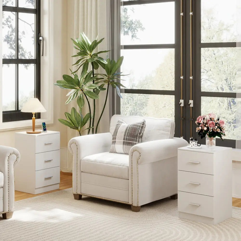 Set of 2 Nightstand with Charging Station End Table with 3 Storage Drawers Bedside Table for Bedroom-White - White