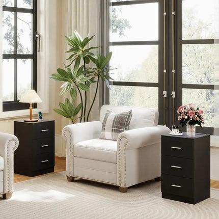 Set of 2 Nightstand with Charging Station End Table with 3 Storage Drawers Bedside Table for Bedroom-Black - Black
