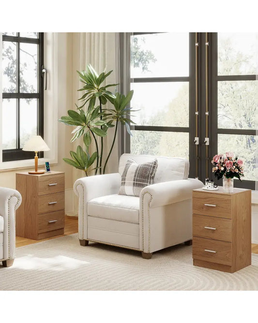 Set of 2 Nightstand with Charging Station End Table with 3 Storage Drawers Bedside Table for Bedroom-Natural - Natural
