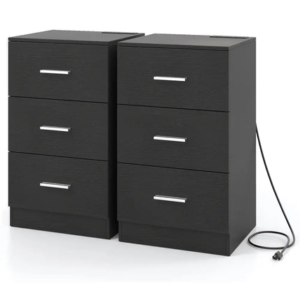 Set of 2 Nightstand with Charging Station End Table with 3 Storage Drawers Bedside Table for Bedroom-Black - Black