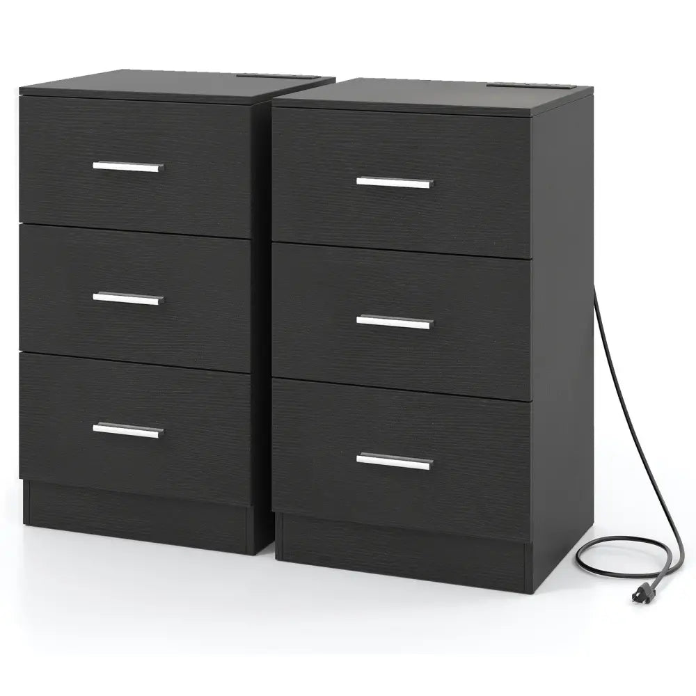 Set of 2 Nightstand with Charging Station End Table with 3 Storage Drawers Bedside Table for Bedroom-Black - Black