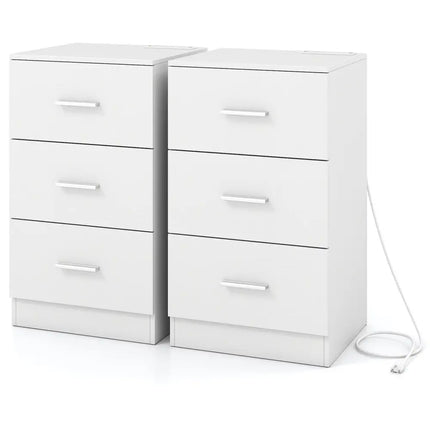 Set of 2 Nightstand with Charging Station End Table with 3 Storage Drawers Bedside Table for Bedroom-White - White