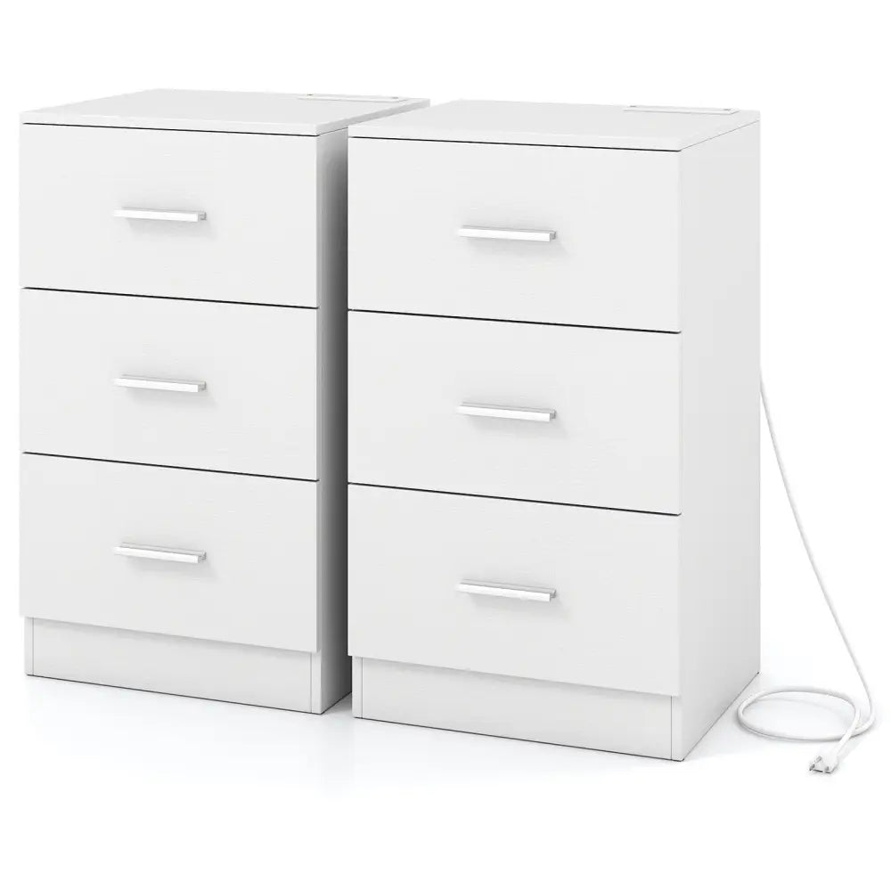 Set of 2 Nightstand with Charging Station End Table with 3 Storage Drawers Bedside Table for Bedroom-White - White