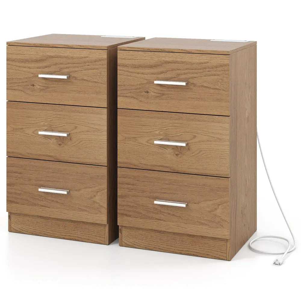 Set of 2 Nightstand with Charging Station End Table with 3 Storage Drawers Bedside Table for Bedroom-Natural - Natural