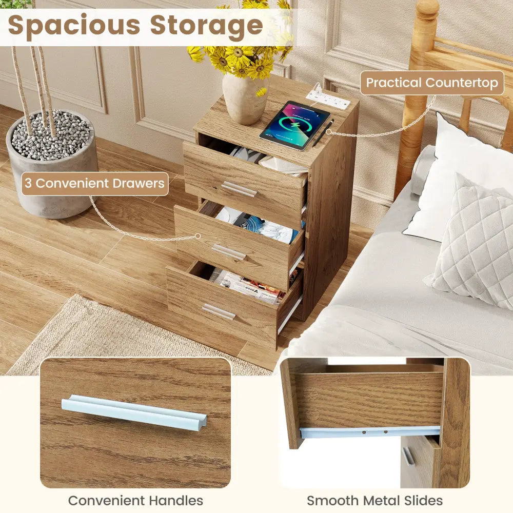 Set of 2 Nightstand with Charging Station End Table with 3 Storage Drawers Bedside Table for Bedroom-Natural - Natural