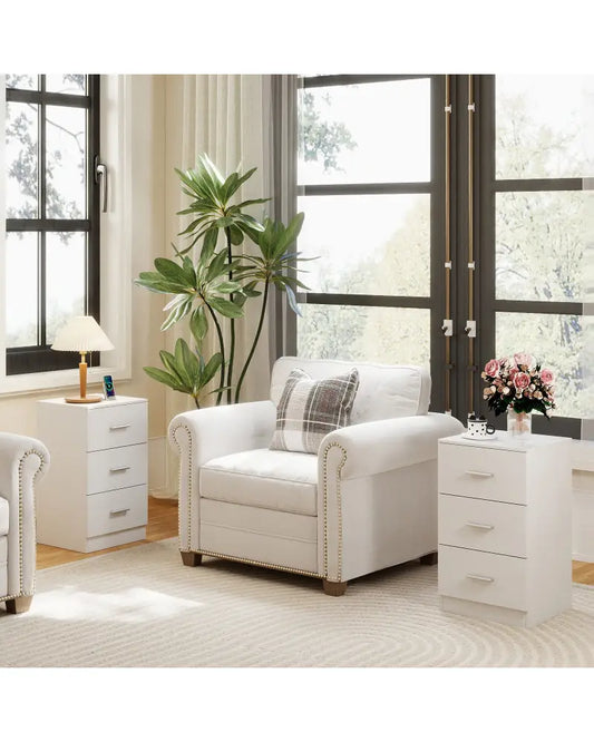 Set of 2 Nightstand with Charging Station End Table with 3 Storage Drawers Bedside Table for Bedroom-White - White