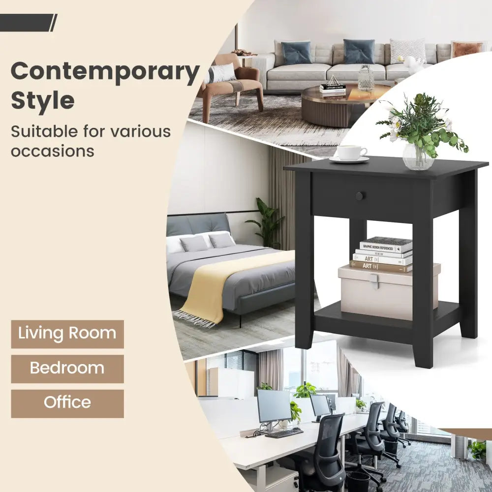 Set of 2 Nightstand with Drawer 3-Tier Modern Bedside Table with Open Shelf and Storage-Black - Black - Nightstands