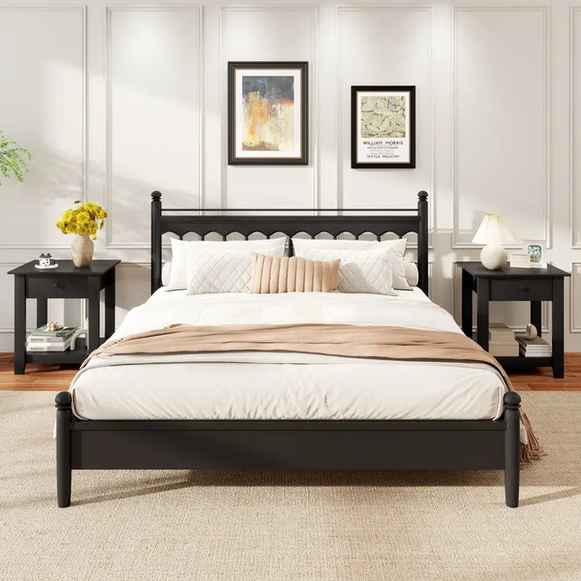 Set of 2 Nightstand with Drawer 3-Tier Modern Bedside Table with Open Shelf and Storage-Black - Black - Nightstands