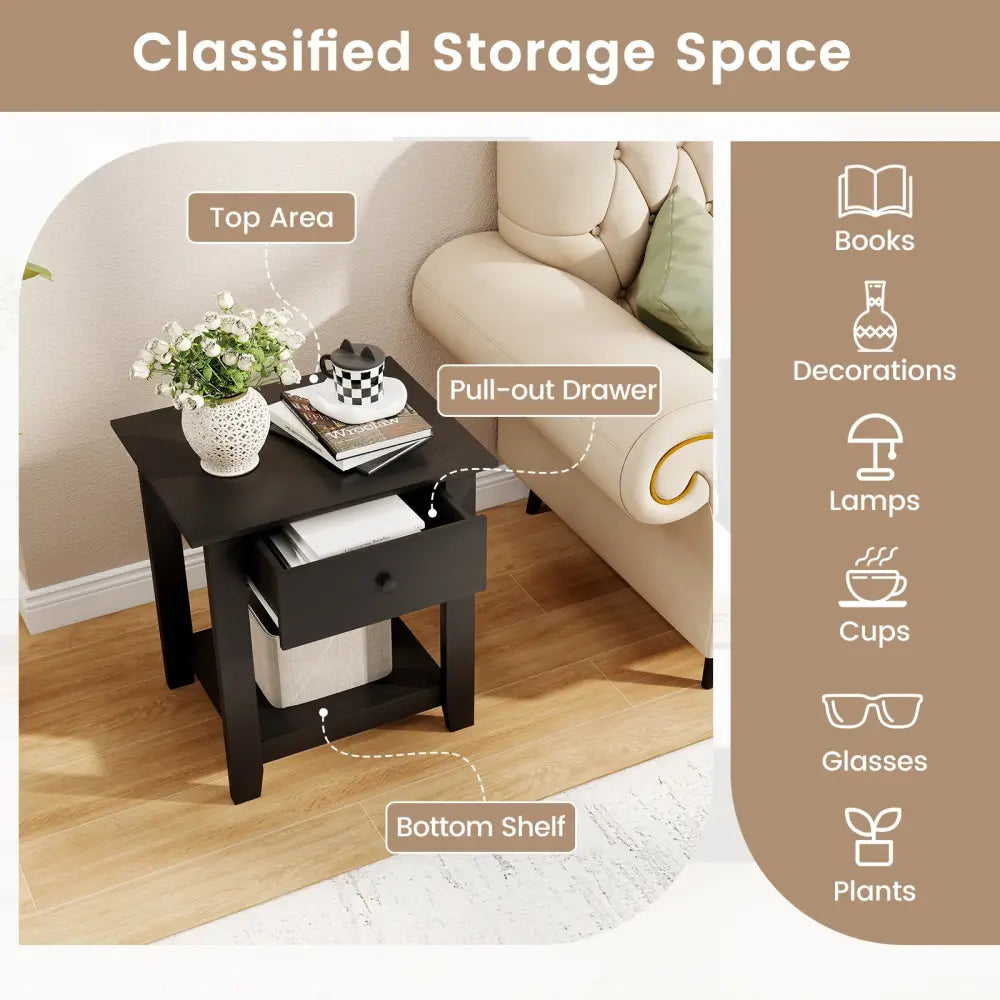 Set of 2 Nightstand with Drawer 3-Tier Modern Bedside Table with Open Shelf and Storage-Black - Black - Nightstands
