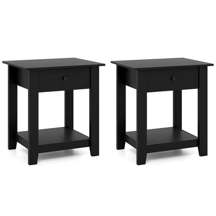 Set of 2 Nightstand with Drawer 3-Tier Modern Bedside Table with Open Shelf and Storage-Black - Black - Nightstands